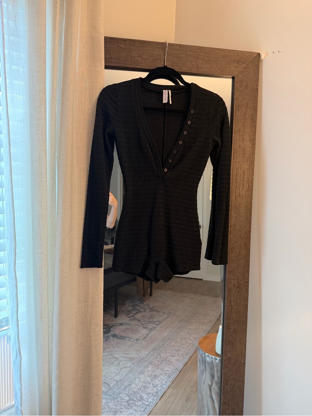 Black Long-Sleeve Ribbed Out From Under Romper